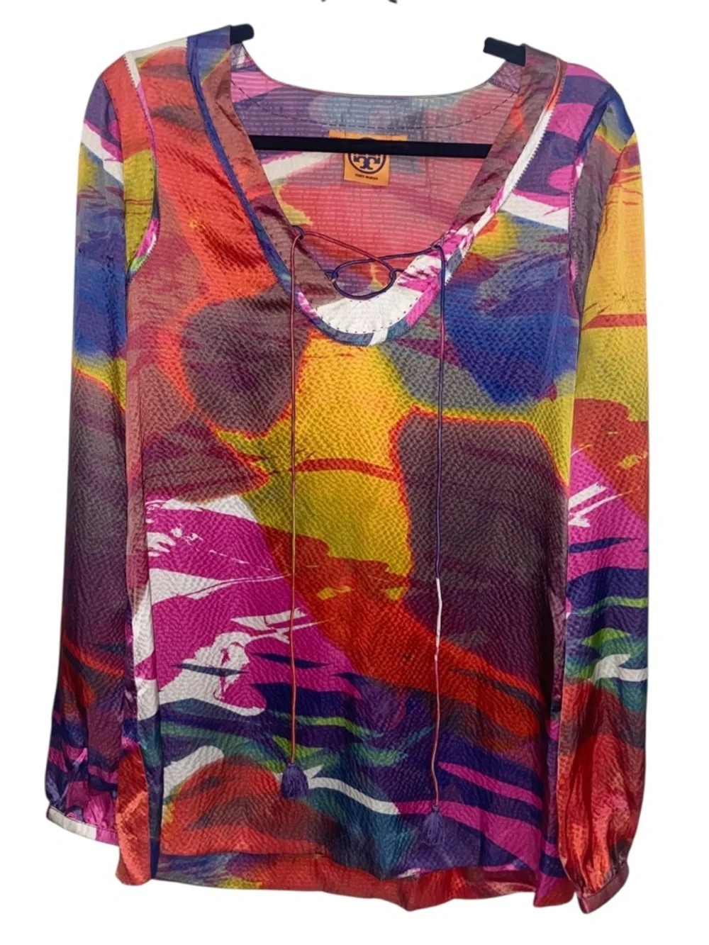 Tory Burch Top Womens Size 10 Hammered Silk Long Sleeve Blouse Tassels Abstract